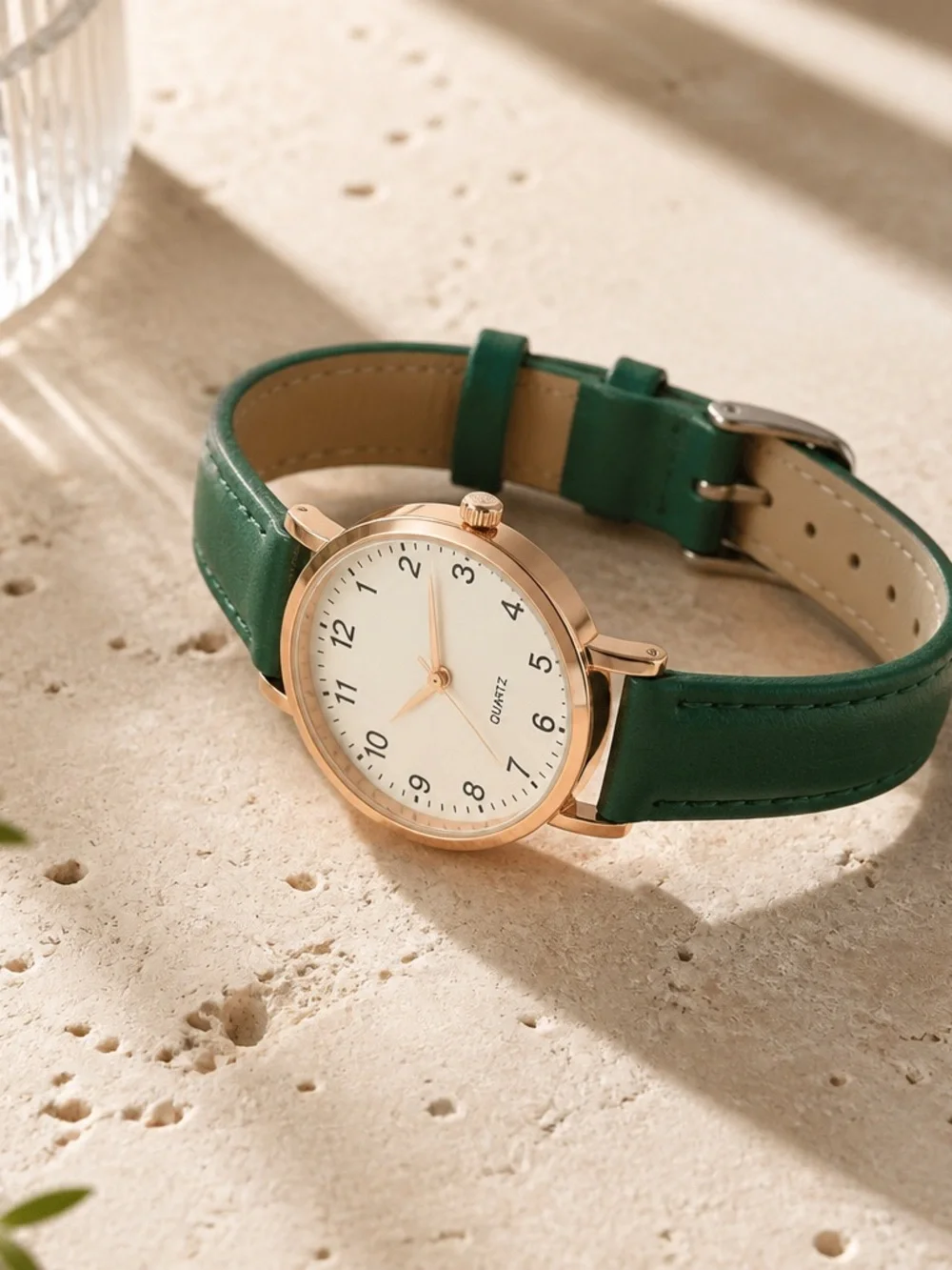 Geneva Green Leather Band w/ Gold Trim Quartz Wrist Watch Adjustable Band